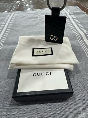 Gucci Black Leather Embossed GG Keyring with Silver Hardware